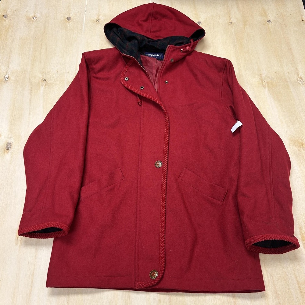 Herman Kay Coat Womens 8 Red Wool Hooded Button Lined Mid Length Parka Warm